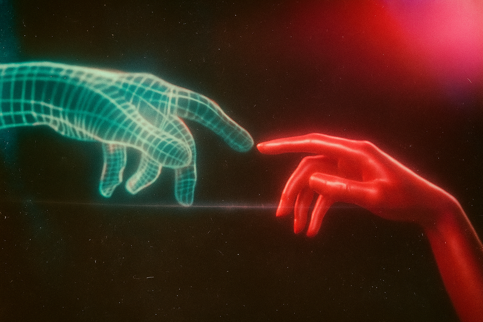 Human and AI hands reaching toward each other